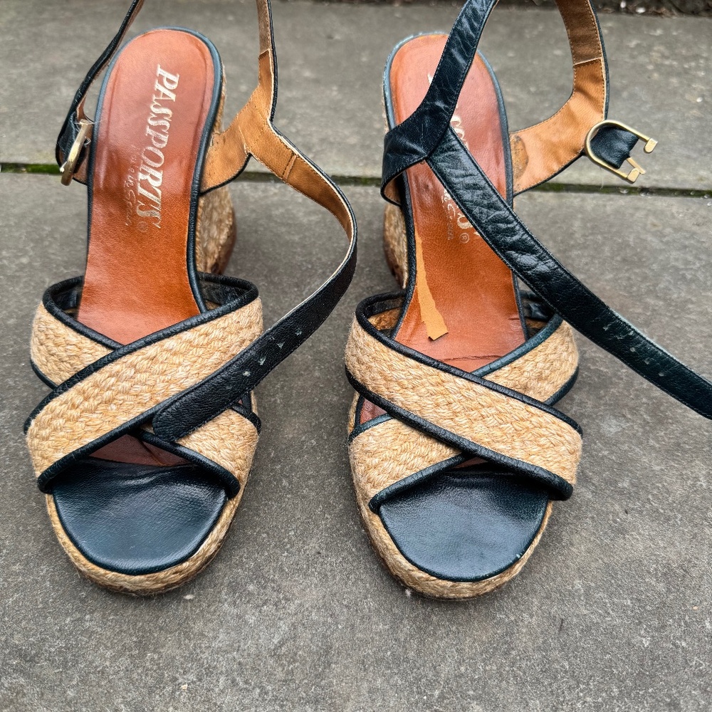 Vintage wedge sandals, navy blue and raffia